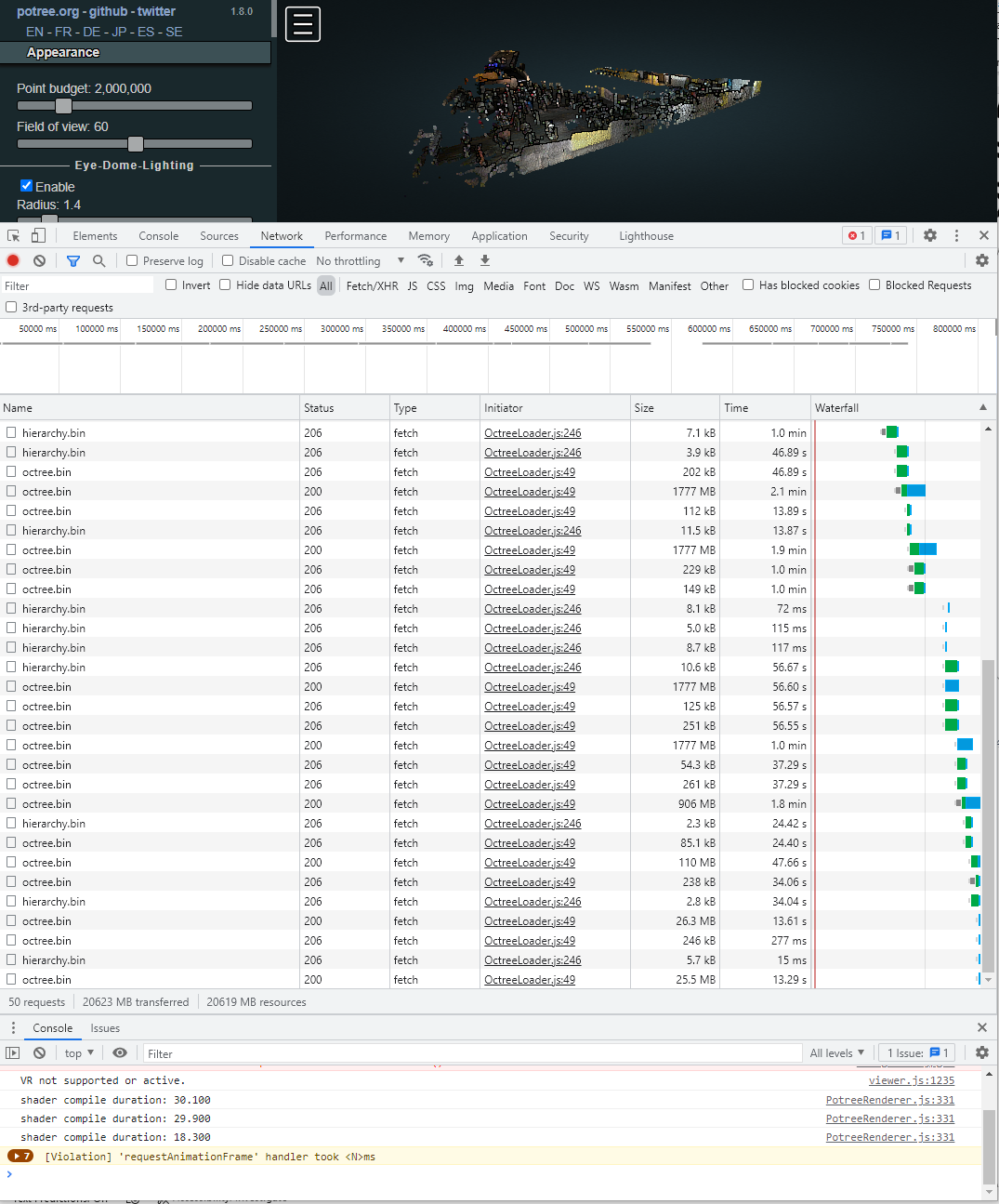 Potree continuously loading entire Octree file in server deployment