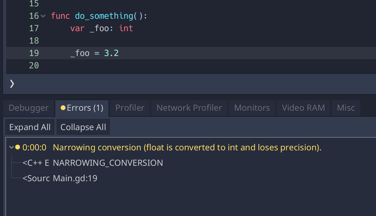Narrowing conversion from float to int must be reported as a warning ...