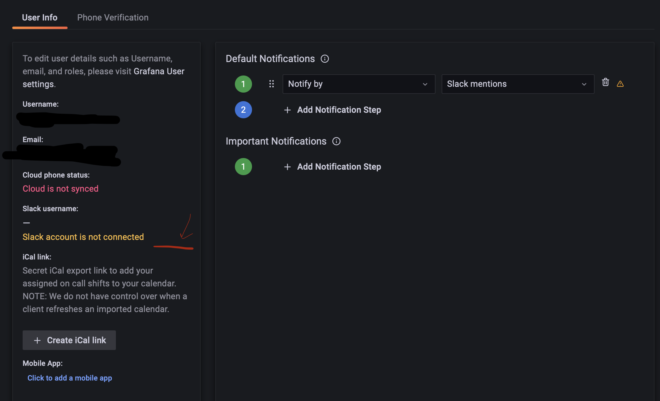 Unable to connect slack account to user in grafana oncall ui no
