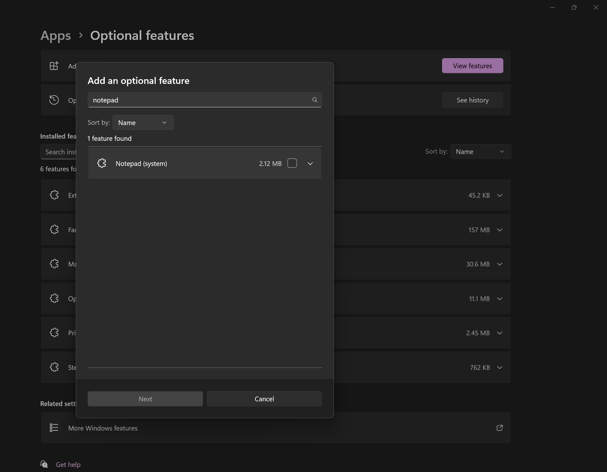 [Bug] Optional Windows Features > Uninstalling Notepad (system