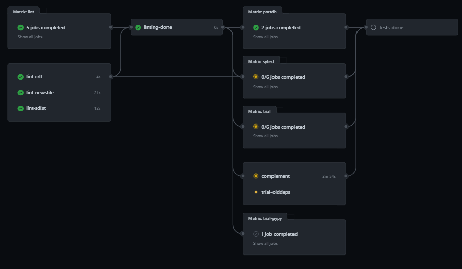 Github actions have a line directly between the lint job and sytest ...