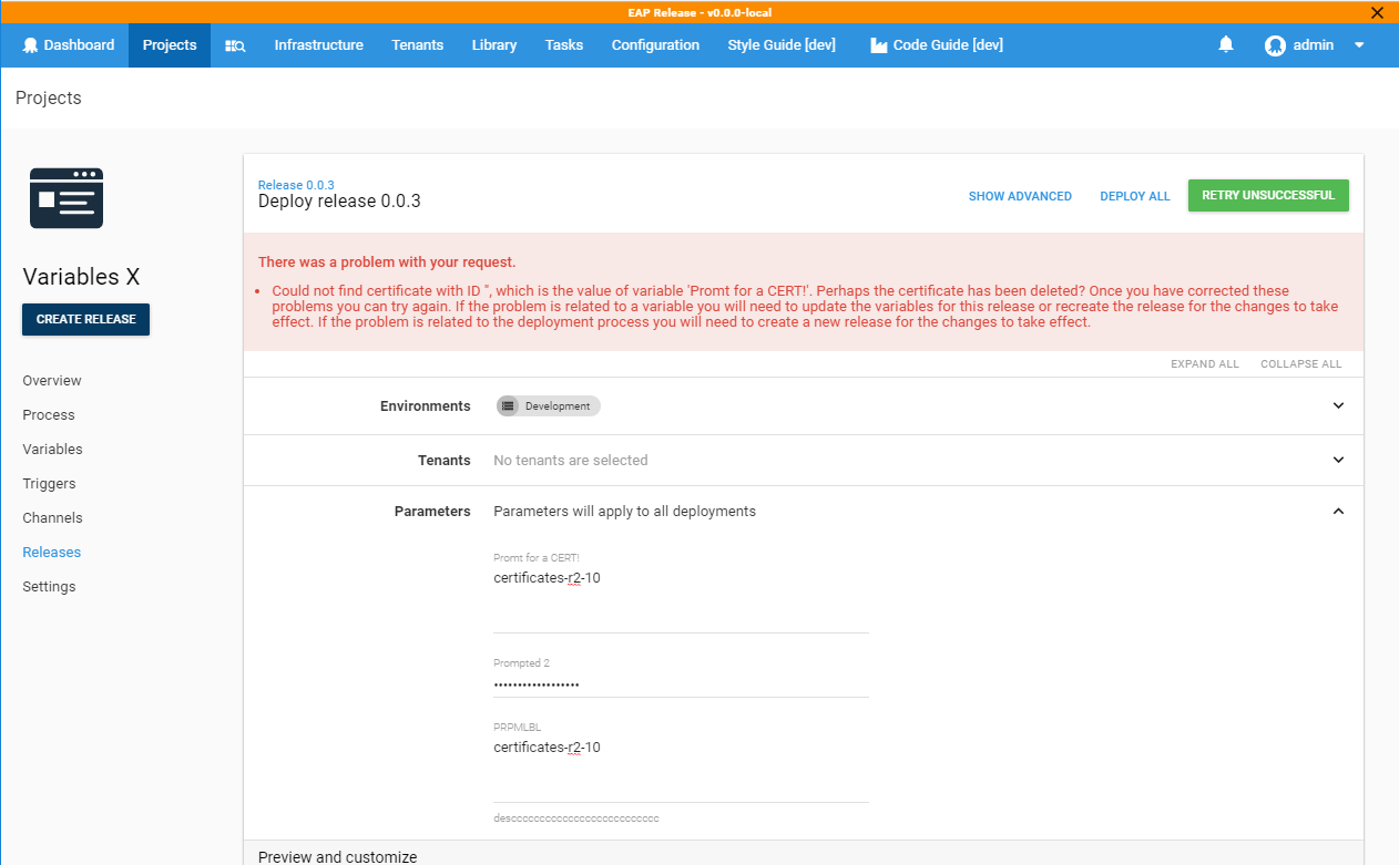 API supports creating prompted variables that are of type certificate ...