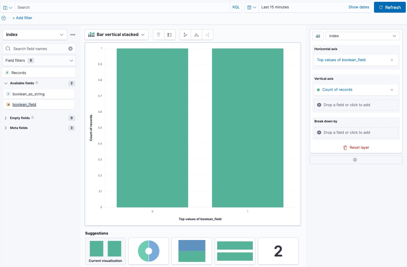 Visualizations display "0" and "1" for boolean fields with a static ...