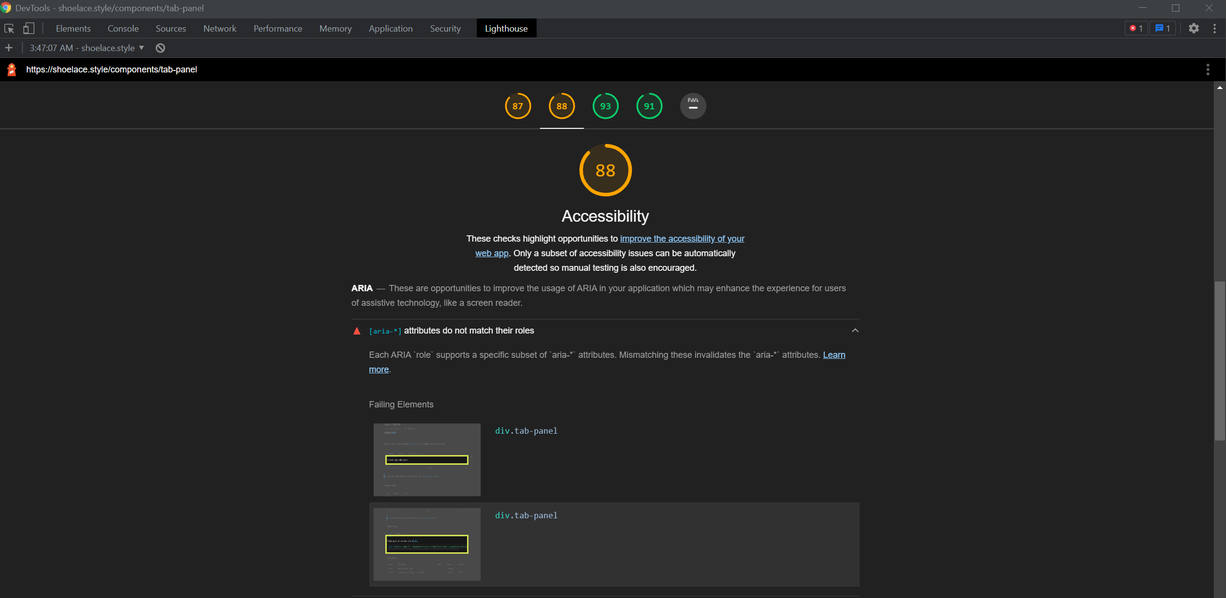Lighthouse reports aria attributes do not match their roles in `sltab
