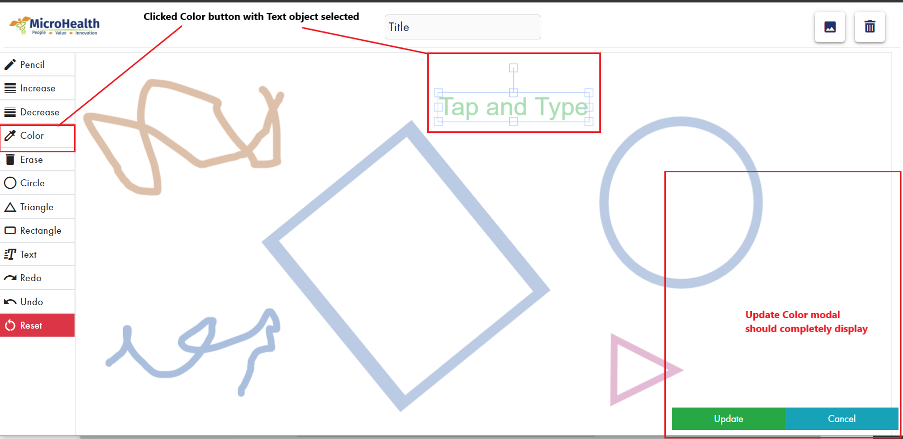 The Update Color modal should completely display when a Text object is ...