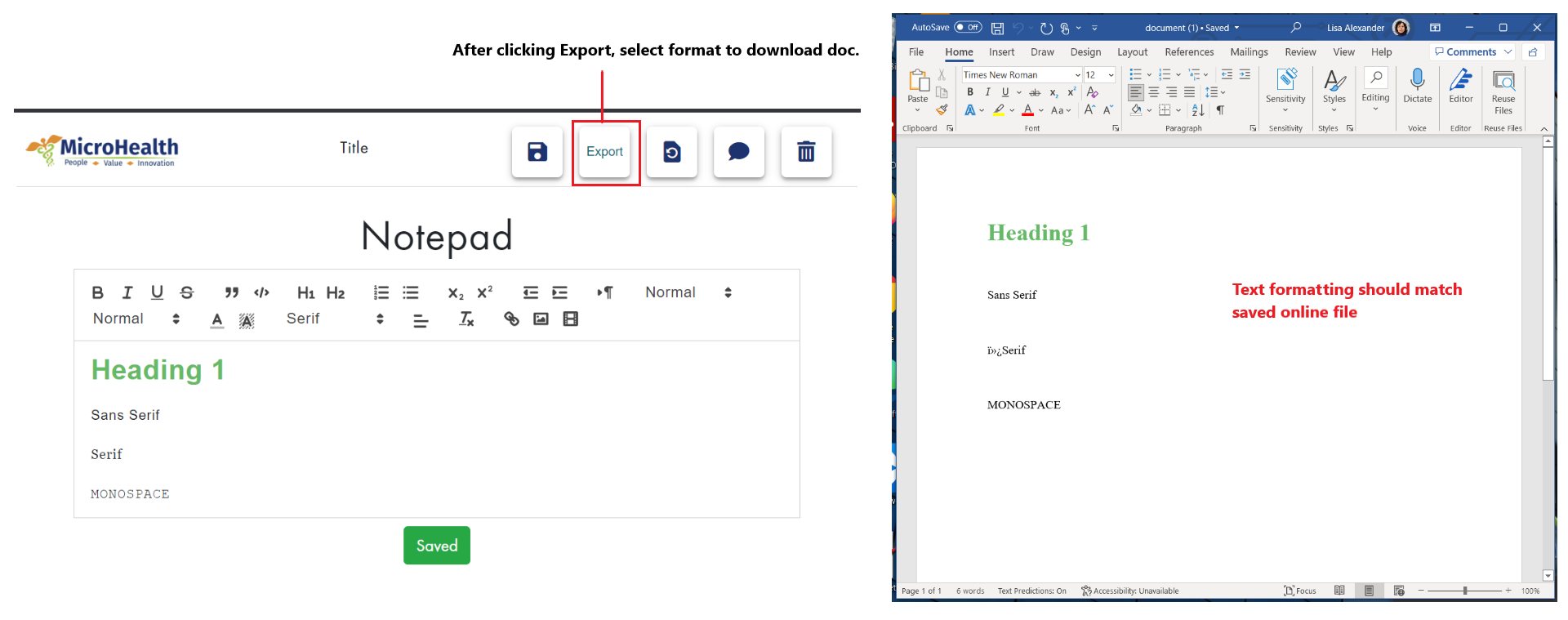 Notepad exported file text formatting should match online file issue