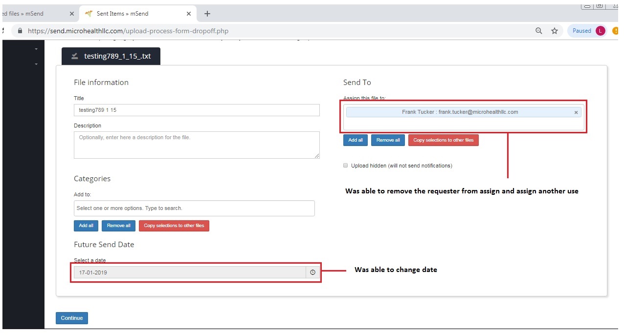 Dropoff Request file should only be sent now, assigned to requester as