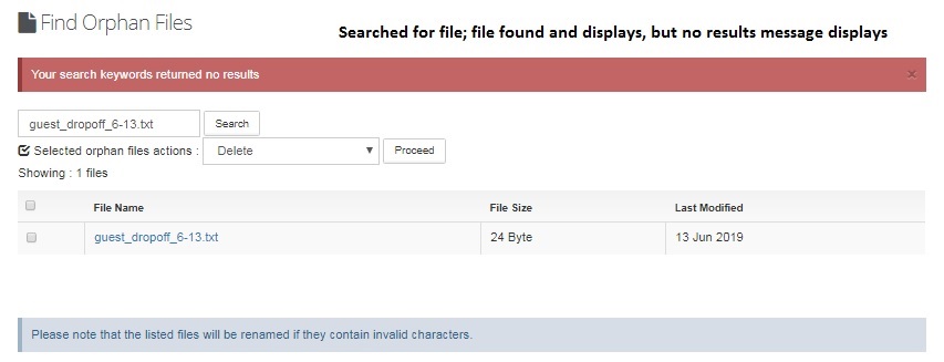 Orphan File Example Orphan Files screen - Searched for file; results display found file ...