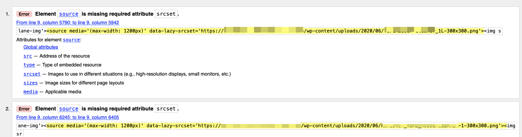 W3C error: Element source is missing required attribute srcset when ...