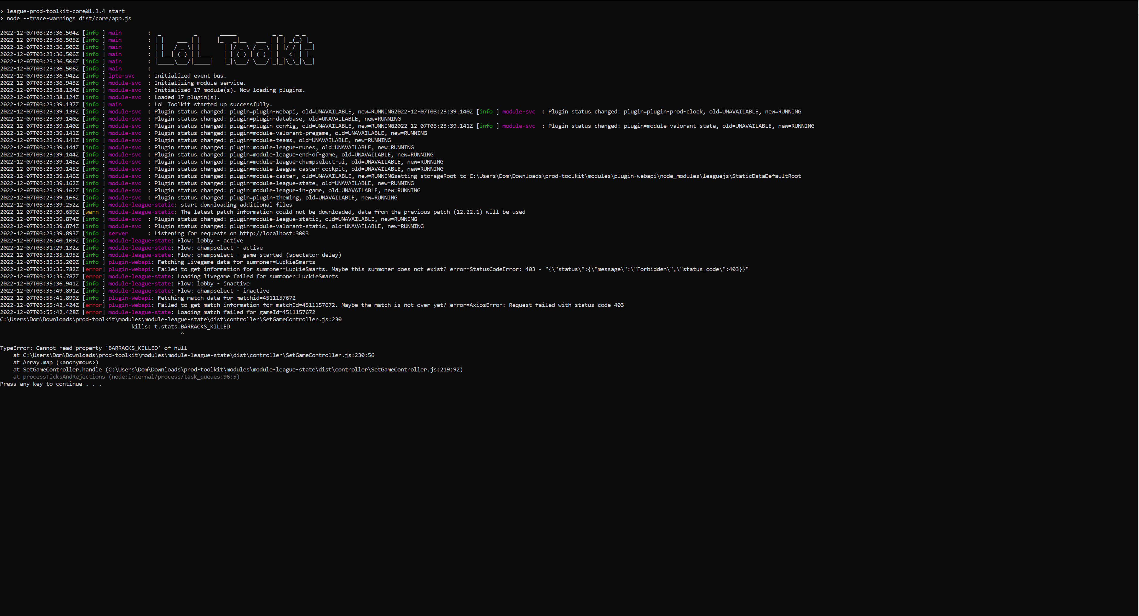 [ Bug ] League Prod Toolkit crashes when the game ends · Issue #173 ...