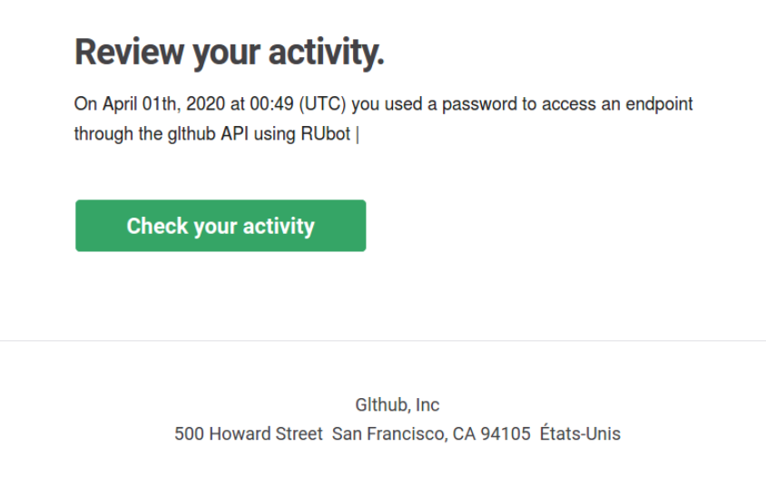 A phishing message stating that a user accessed an endpoint through the GitHub API tries to lure users into clicking a malicious link to check their recent activity.