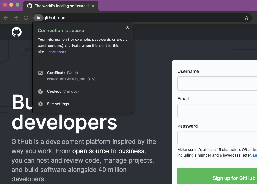 Viewing site information of a GitHub page in a browser shows a correct GitHub URL and a valid certificate issued to GitHub, Inc.