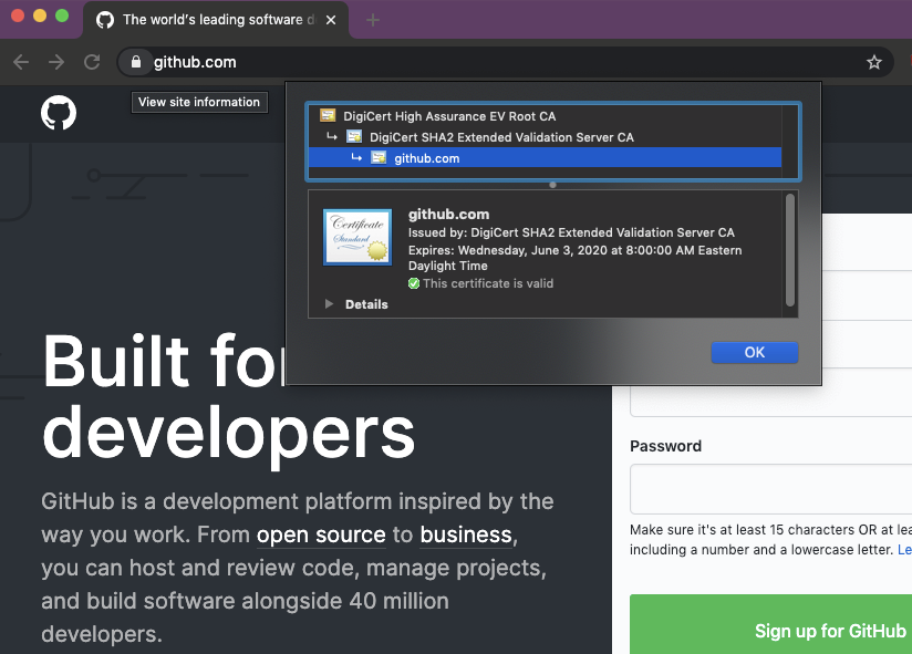 Further viewing site information for the GitHub page shows an authentic certificate for GitHub.com from DigiCert stating that the certificate is valid.