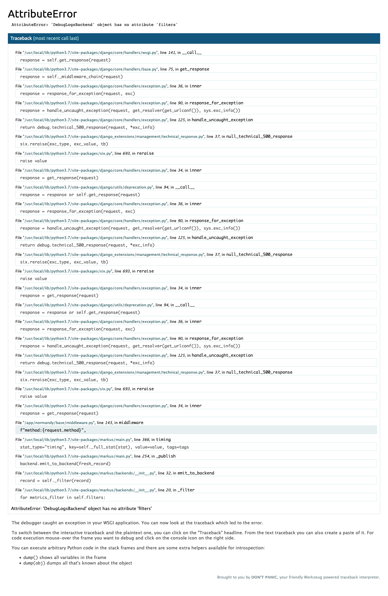Screenshot_2019-10-01 AttributeError 'DebugLogsBackend' object has no attribute 'filters' Werkzeug Debugger