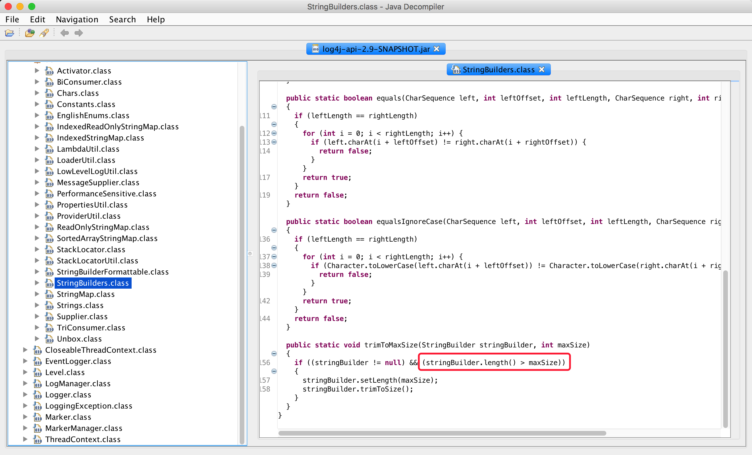 screen shot of decompiling the log4j-api-2.9-SNAPSHOT.jar