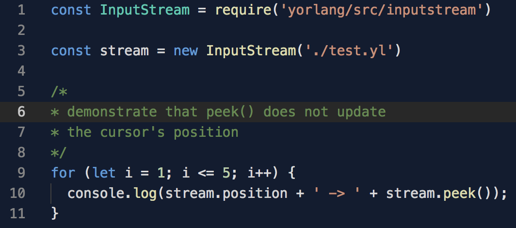 How Yorlang's InputStream's peek() and isEndOfFile() work