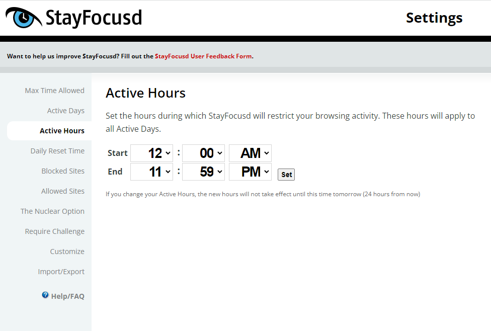 Set working time screenshot