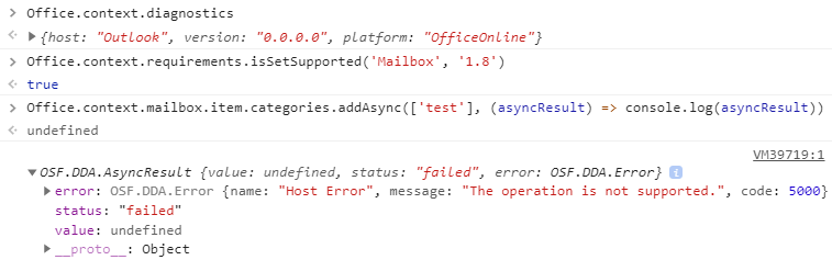 item.categories.addAsync gives an error "The operation is not supported ...