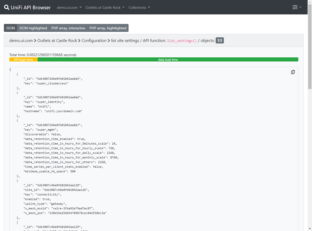 Site settings in JSON format