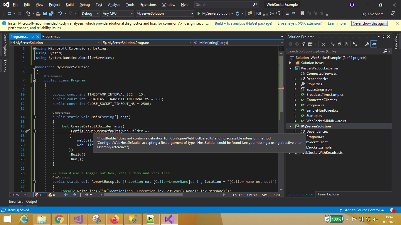 dotnetcore 3.1 update · Issue #1 · MV10/WebSocketExample · GitHub