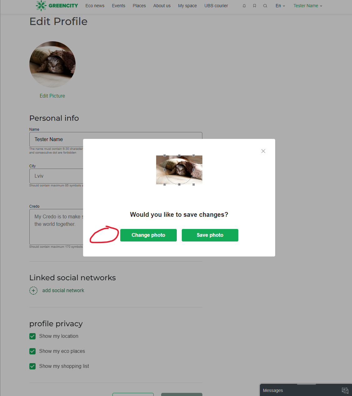 [Edit profile] Cancel button is missing on the save new photo pop-up ...