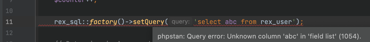 PHPStorm screenshot showing a phpstan-dba reported sql query error