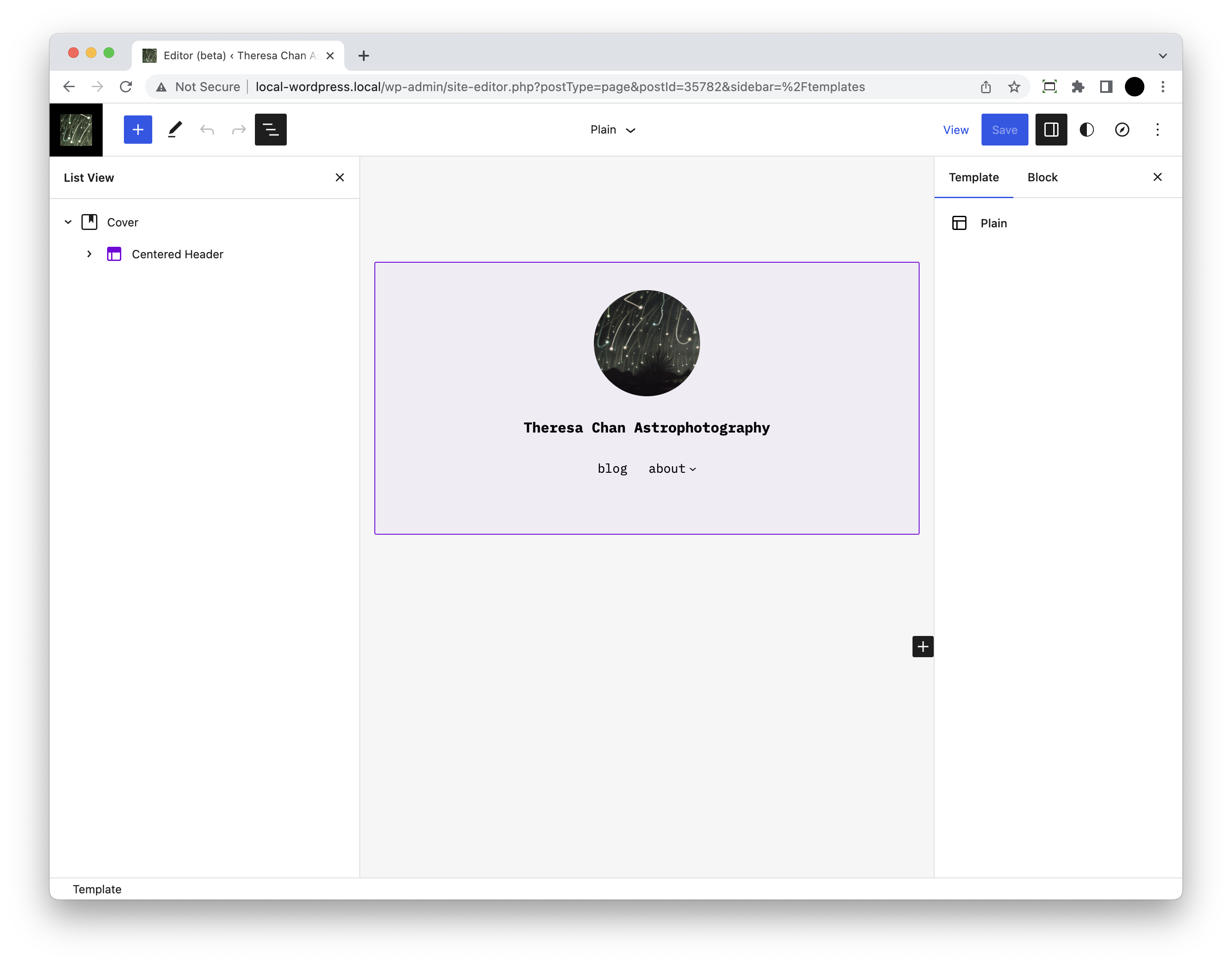 site editor showing overlay when hovering a template part