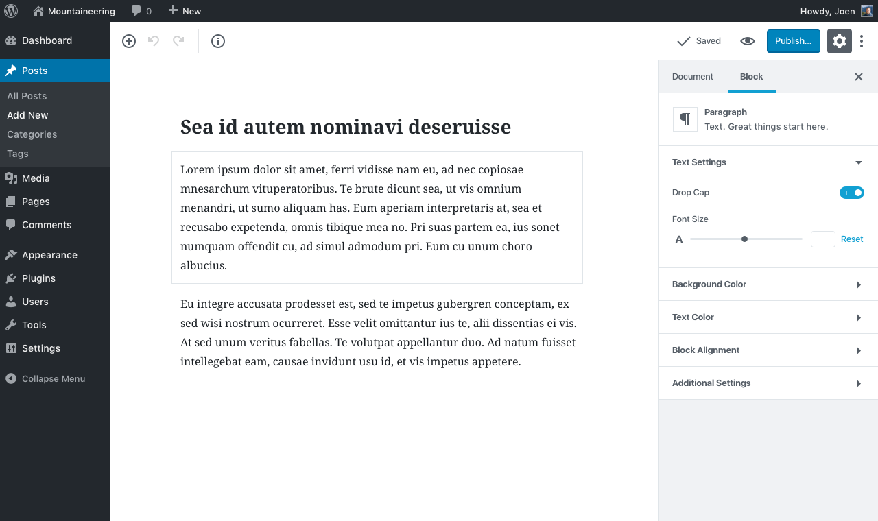 editor w sidebar block selected