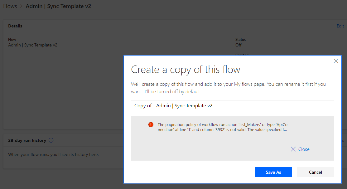 [BUG] SaveAs option is throwing an error for "Admin Sync Template v2" · Issue 307