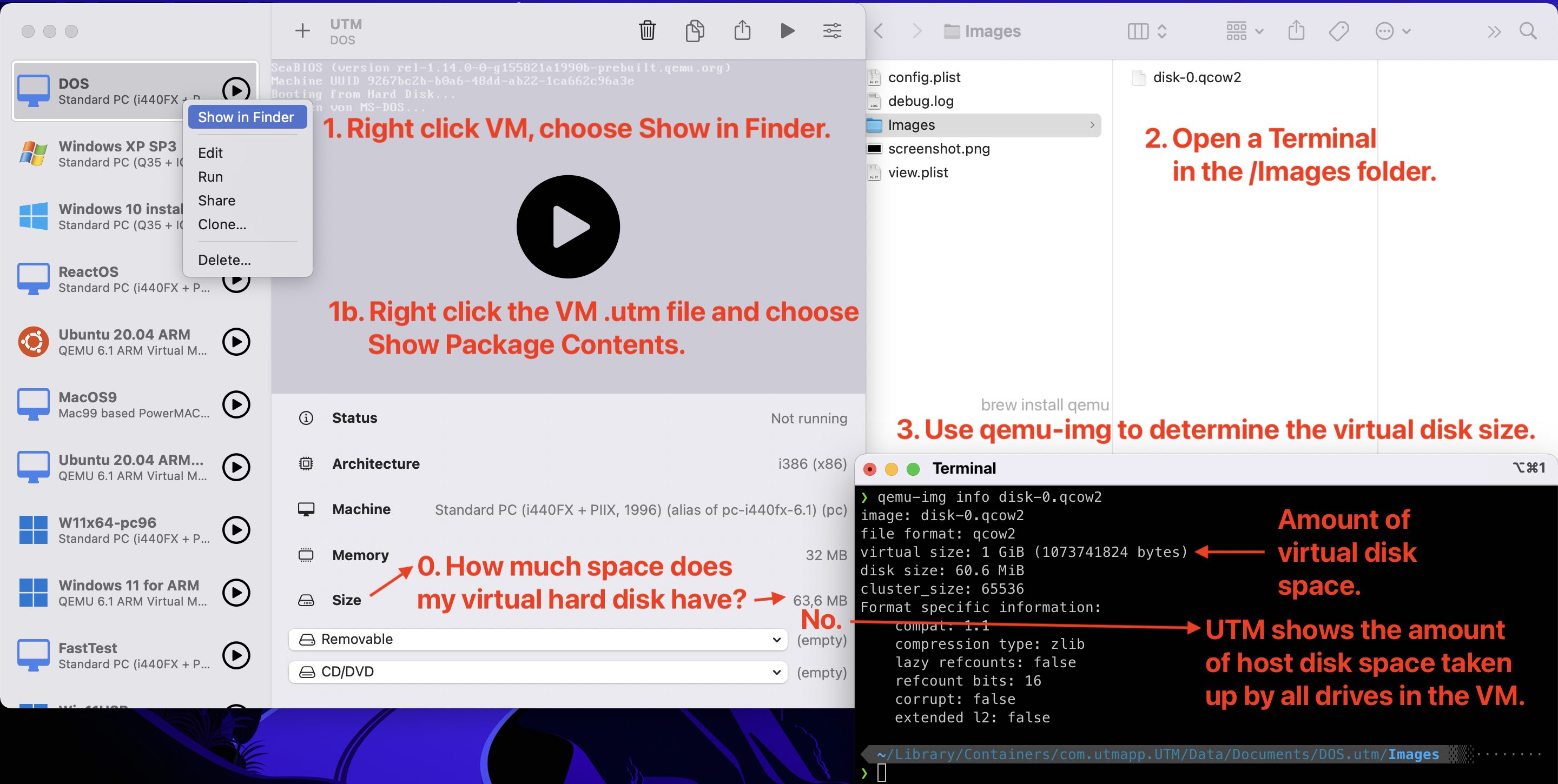 Screenshot of UTM on macOS, showing how to get the drive size manually through Terminal. The instructions from this image follow as text.