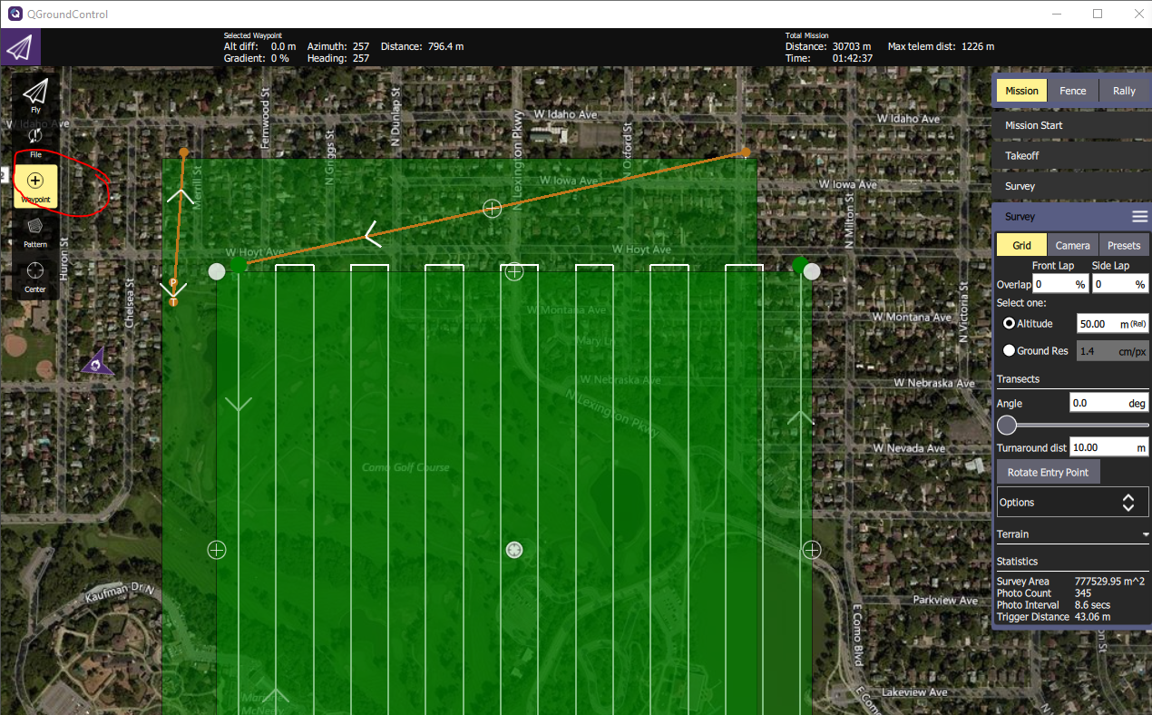 Current Daily after placing a survey, Waypoint tool active