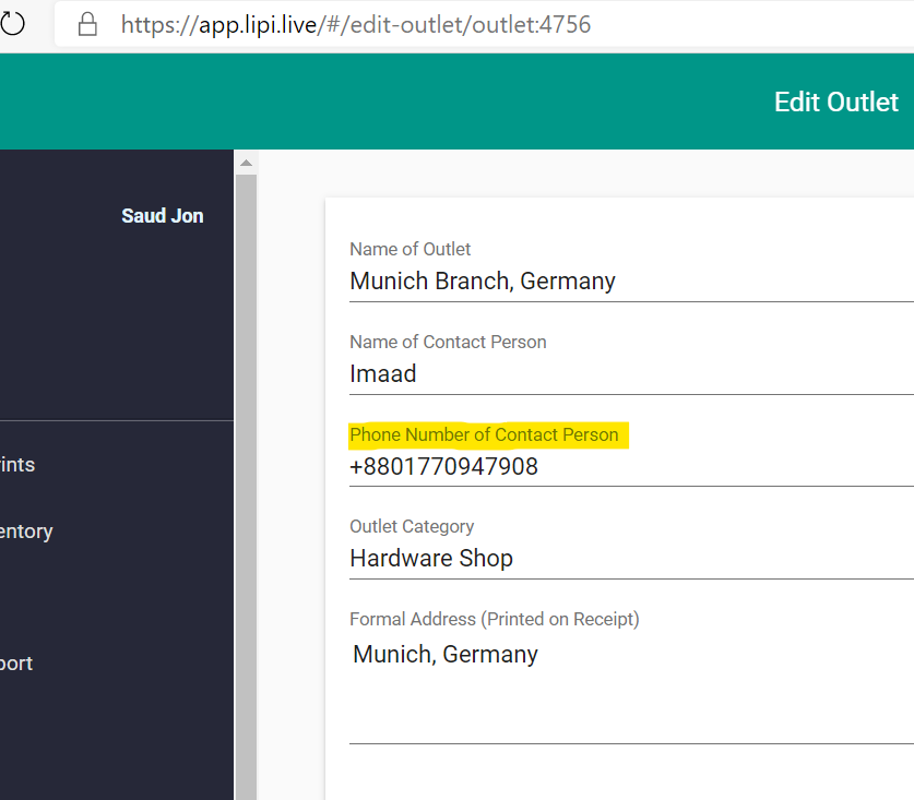 Outlet and warehouse phone number field should be outlet contact detail