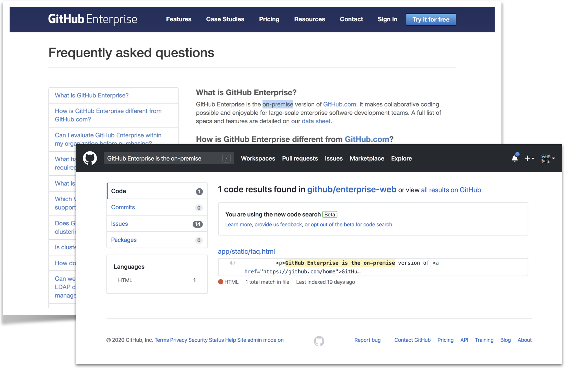 Screens showing search results for selected text in a repository.