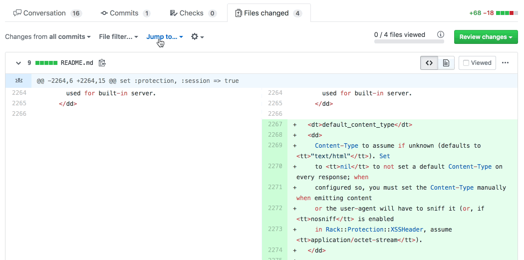 In this example, there were nine lines added to the README, 68 lines added, and 18 removed in total. If you're familiar with the code (or not) you can guess that this pull request won't take long to review. At least, compared with something that has 10 times those numbers across 10 times as many files.