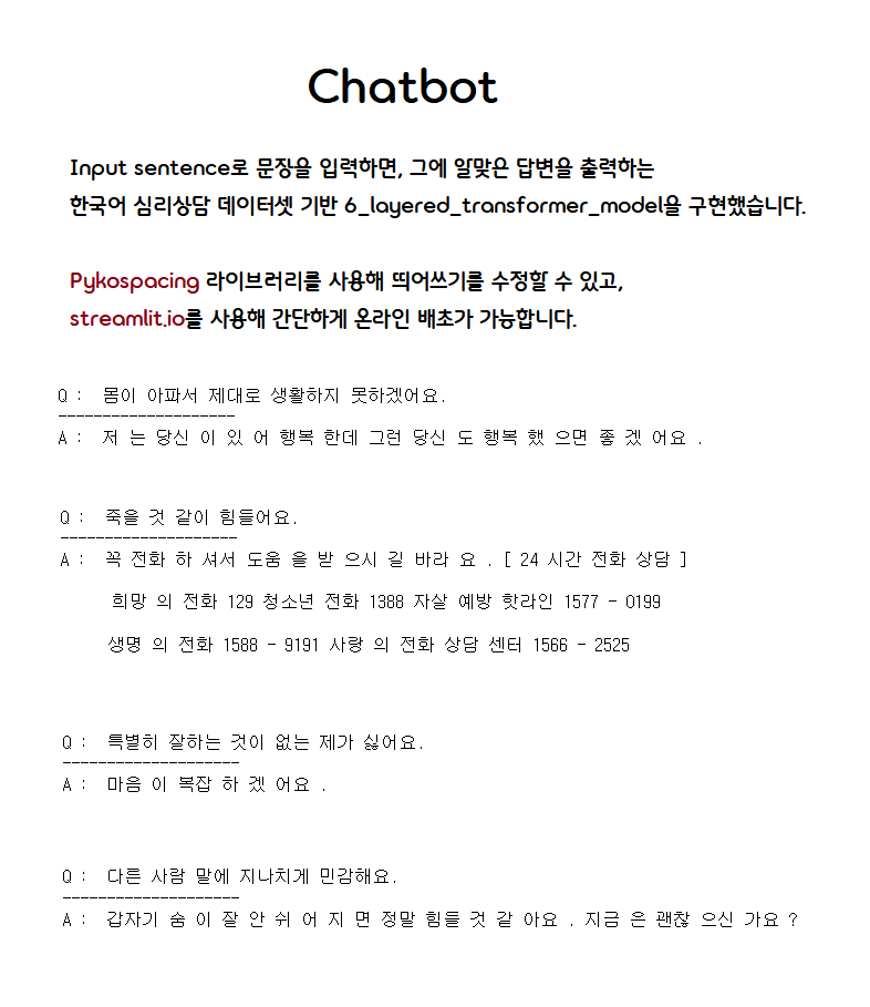 GitHub a2ran/transformerchatbot Tensorflow tutorial을 참고하여 만든