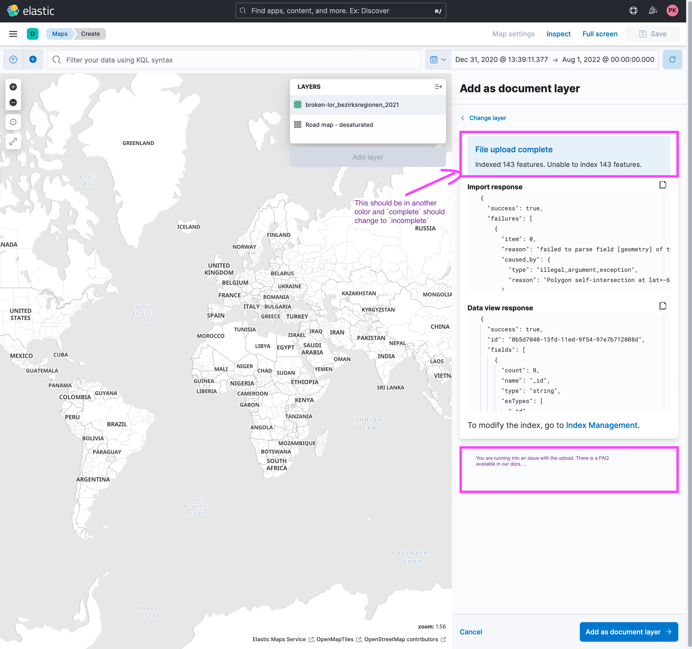 Kibana Maps UI upload geojson failure should be received as such ...