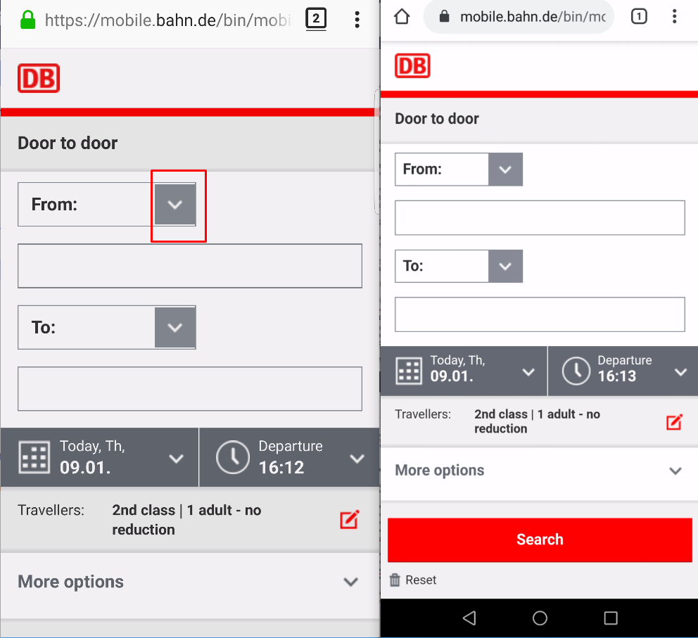 mobile.bahn.de - The dropdown list button is incorrectly displayed ...