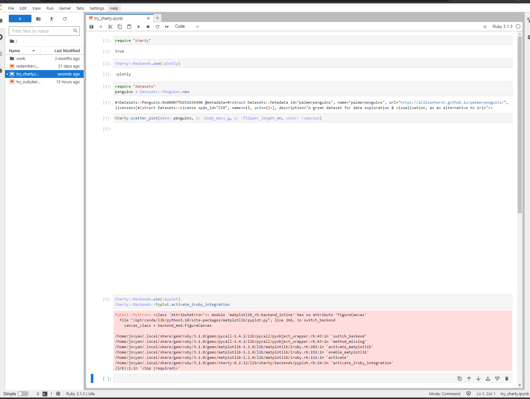 The README codes does not work in rubydata/minimal-notebook:latest ...