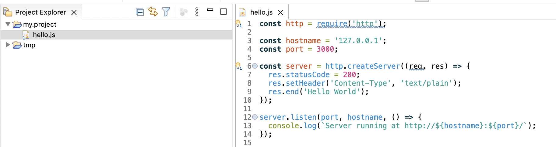 Eclipse Workspace with an open file 'hello.js'