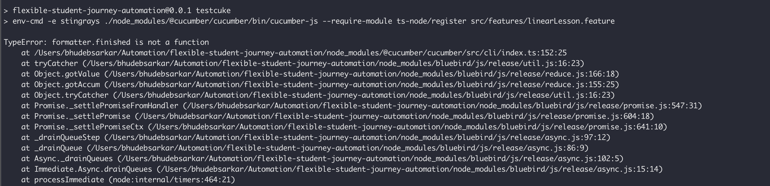 Running cucumberjs 7.0 test generates error "formatter.finished is not