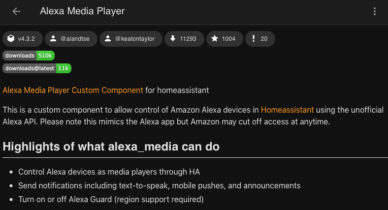 Screenshot of Alexa Media Player inside HACS