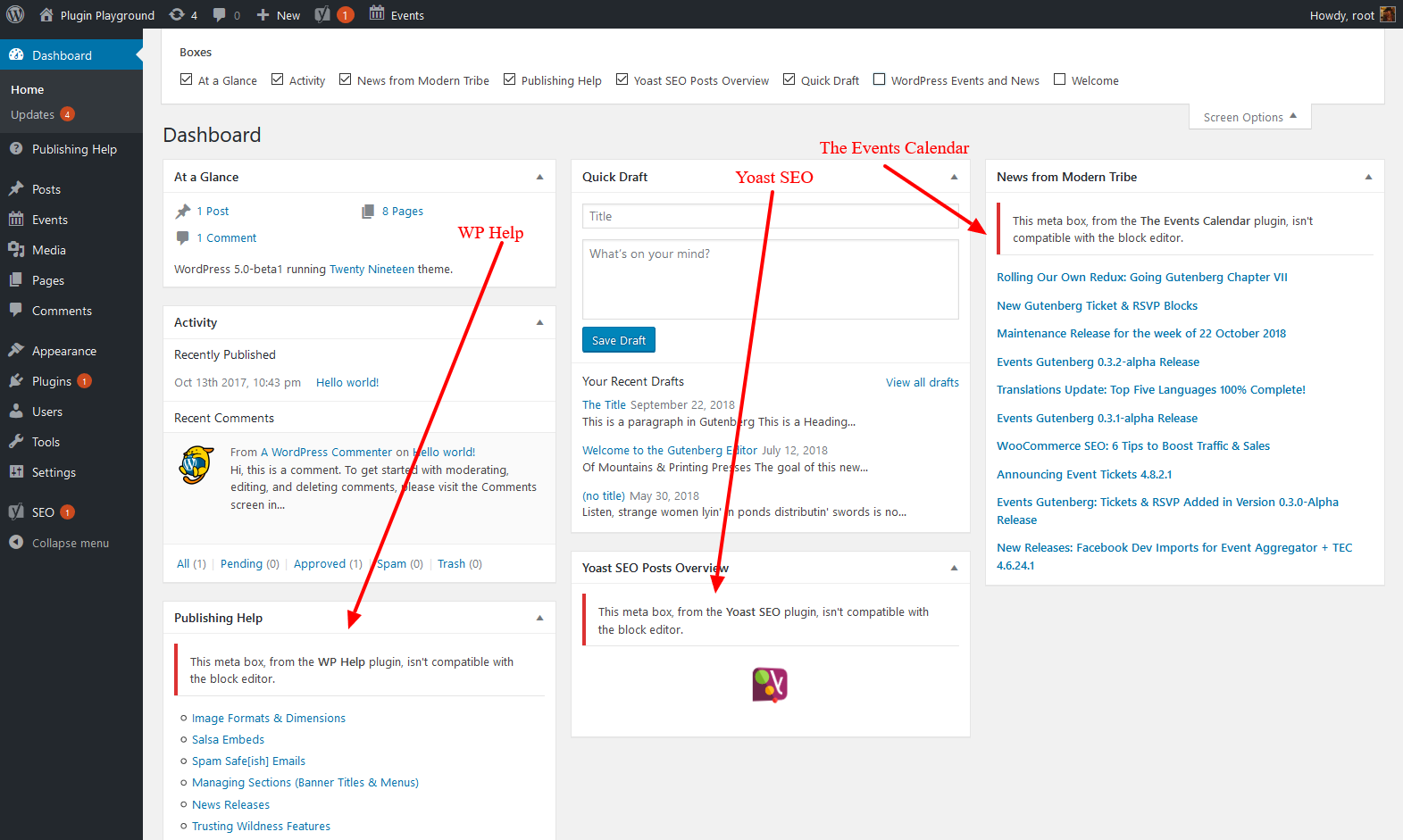 screenshot of WordPress dashboard showing three different meta boxes from three different plugins showing the error message referenced in the OP