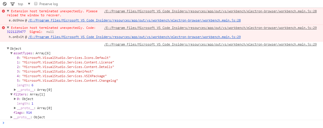Extension host terminated unexpectedly. Please reload the window to ...