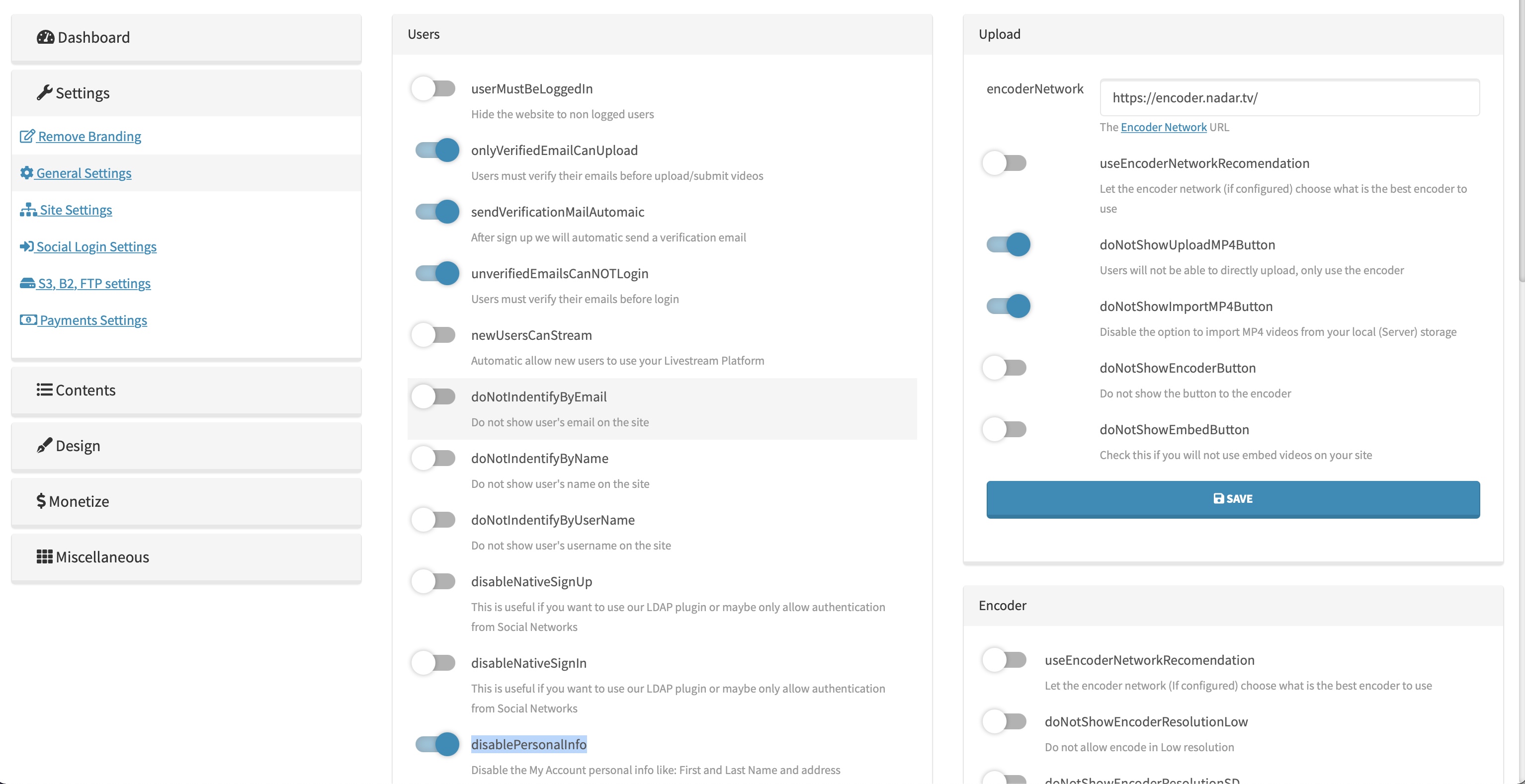 Example of the AVideo administration settings