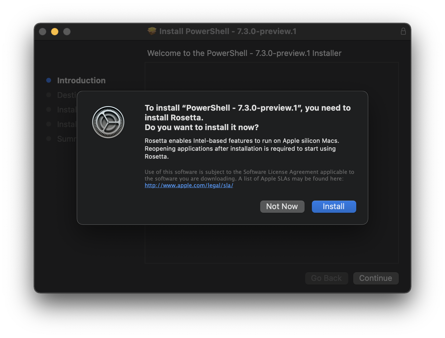 To install “PowerShell - 7.3.0-preview.1”, you need to install Rosetta.  Do you want to install it now?  Rosetta enables Intel-based features to run on Apple silicon Macs. Reopening applications after installation is required to start using Rosetta.