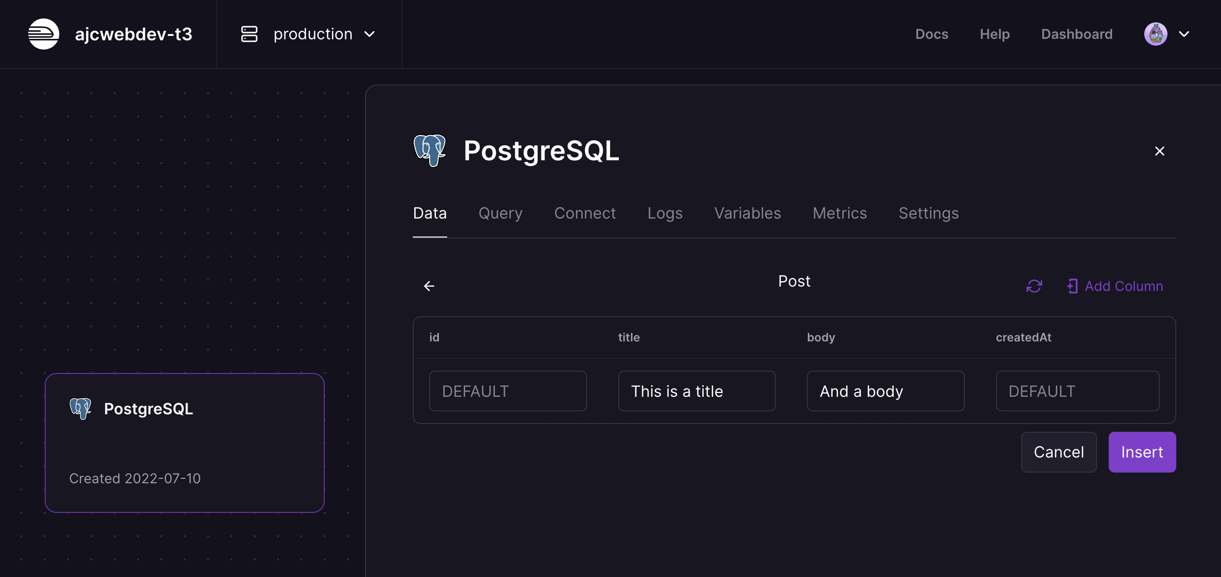 Create Post in data tab of Railway dashboard