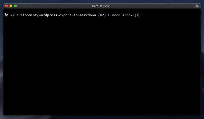 wordpress-export-to-markdown running in a terminal