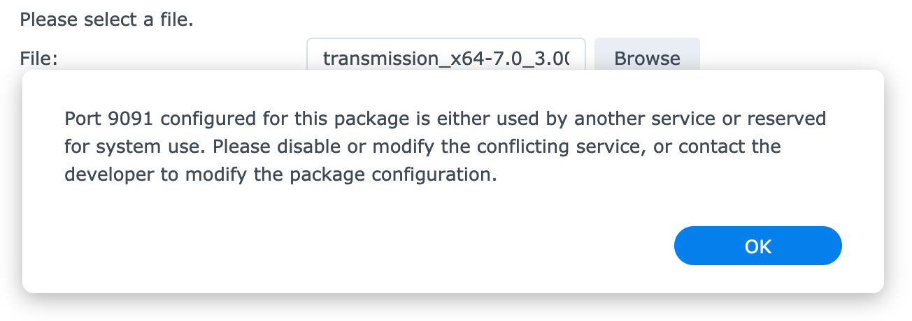 Port 9091 configured for this package is either used by another service or reserved for system use. Please disable or modify the conflicting service, or contact the developer to modify their package configuration.