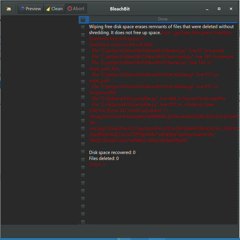 Wipe Free Space results in program error · Issue 986 · bleachbit