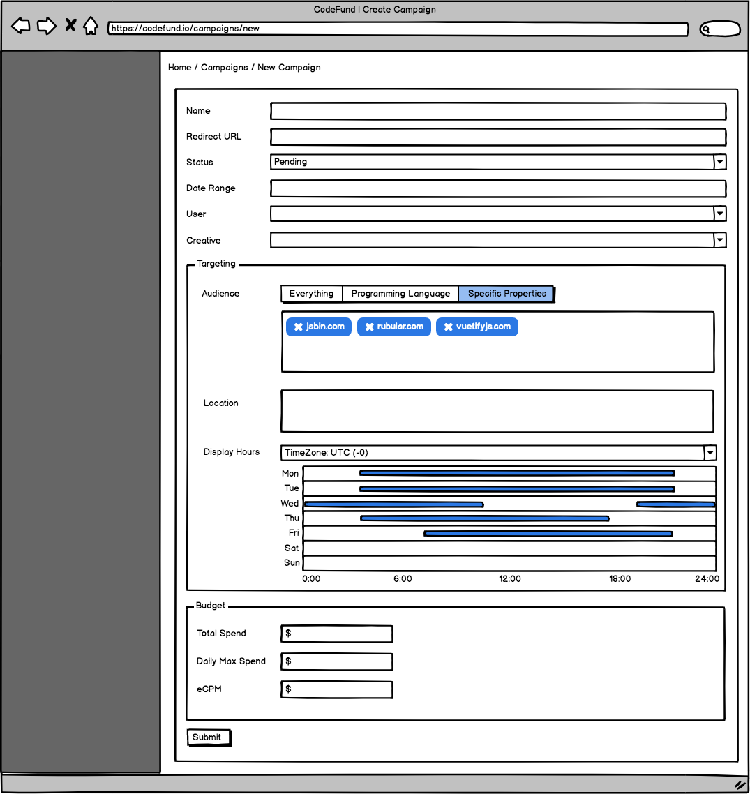 new campaign form with tod selector